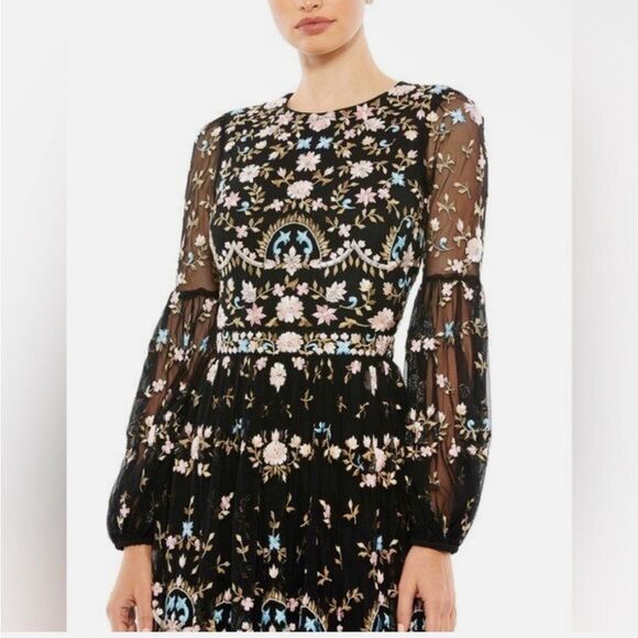 Mac Duggal Black Multicolor Embroidered Long Sleeve Dress - Picture 7 of 8